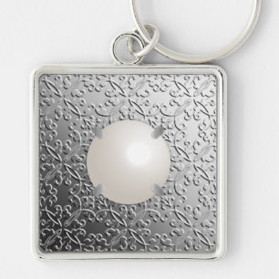 Silver Damask med ett faux mabe pearl Fyrkantig Silverfärgad Nyckelring