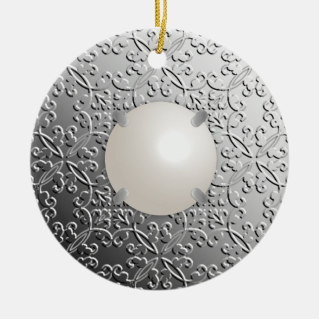 Silver Damask med ett faux mabe pearl Julgransprydnad Keramik (Framsidan)
