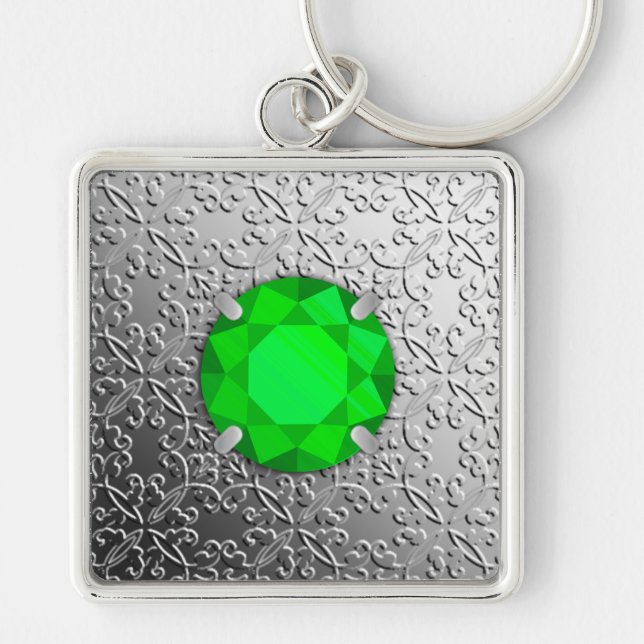 Silver Damask med faaux emerald gemstone Fyrkantig Silverfärgad Nyckelring (Framsidan)