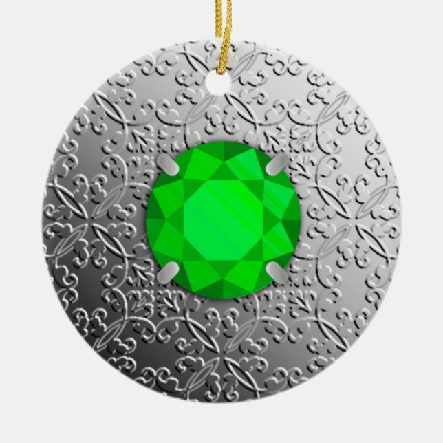 Silver Damask med faaux emerald gemstone Julgransprydnad Keramik (Framsidan)