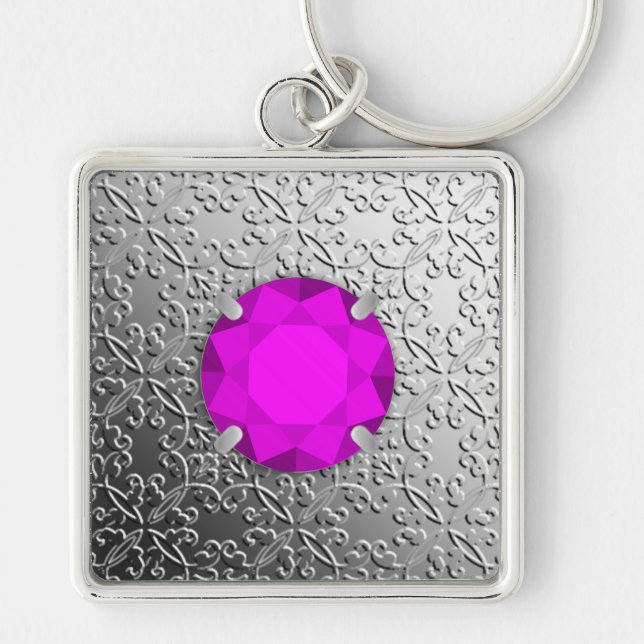 Silver Damask med faux amethyst gemstone Fyrkantig Silverfärgad Nyckelring (Framsidan)