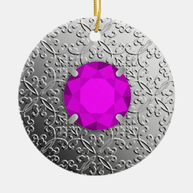 Silver Damask med faux amethyst gemstone Julgransprydnad Keramik (Framsidan)