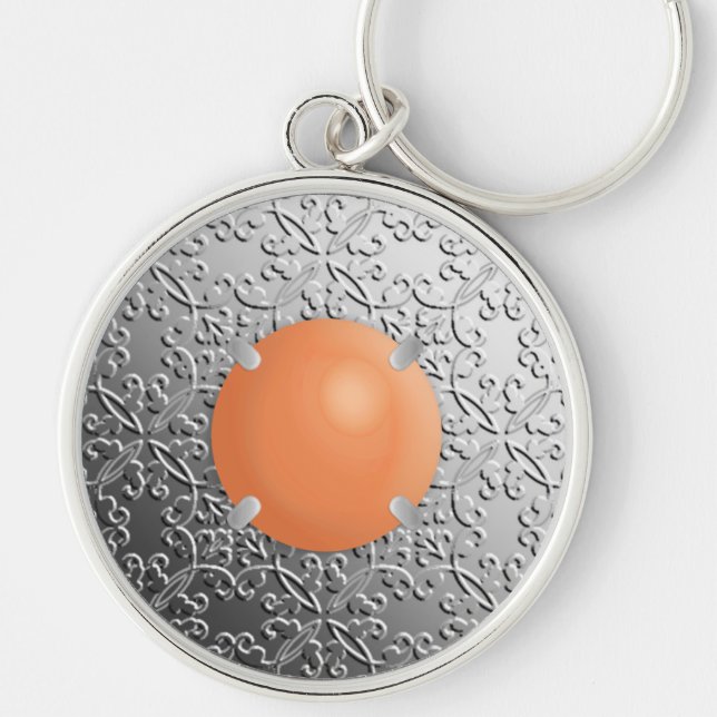 Silver Damask med faux coral gemstone Rund Silverfärgad Nyckelring (Framsidan)
