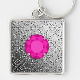 Silver Damask med faux rosa tourmaline gem Fyrkantig Silverfärgad Nyckelring