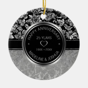 Silver Damask och Silver-Black Hearts Ceramic Orn Julgransprydnad Keramik