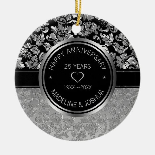 Silver Damask och Silver-Black Hearts Ceramic Orn Julgransprydnad Keramik (Framsidan)