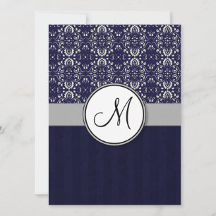 Silver Damask on Blue med Rand och Monogram Inbjudningar