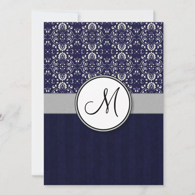 Silver Damask on Blue med Rand och Monogram Inbjudningar (Framsida)