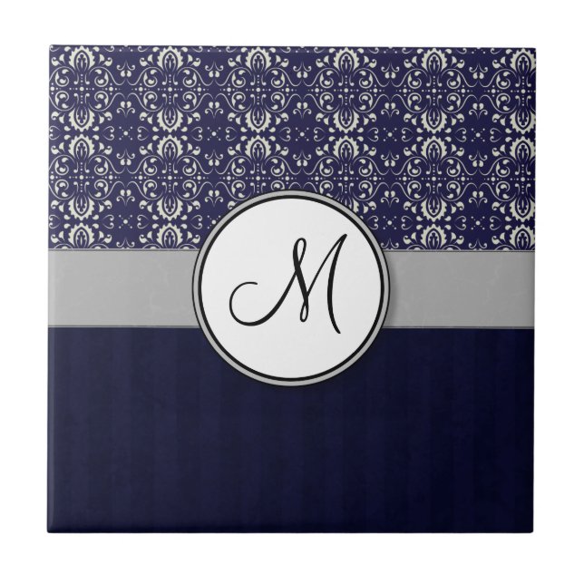 Silver Damask on Blue med Rand och Monogram Kakelplatta (Framsidan)