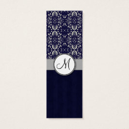 Silver Damask on Blue med Rand och Monogram Litet Visitkort
