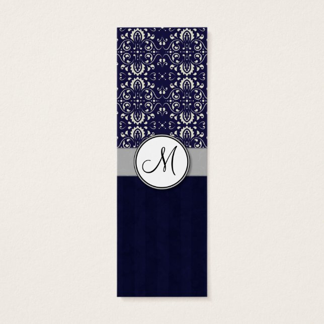 Silver Damask on Blue med Rand och Monogram Litet Visitkort (Baksidan)