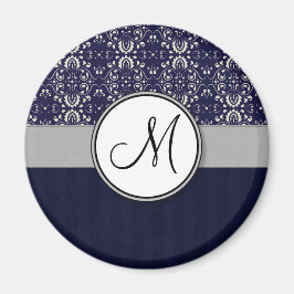 Silver Damask on Blue med Rand och Monogram Magnet