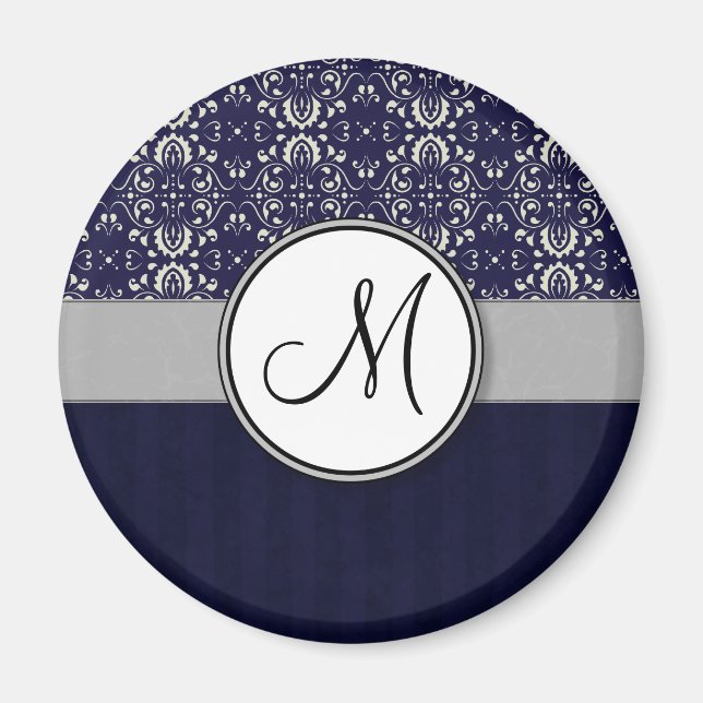 Silver Damask on Blue med Rand och Monogram Magnet (Framsidan)