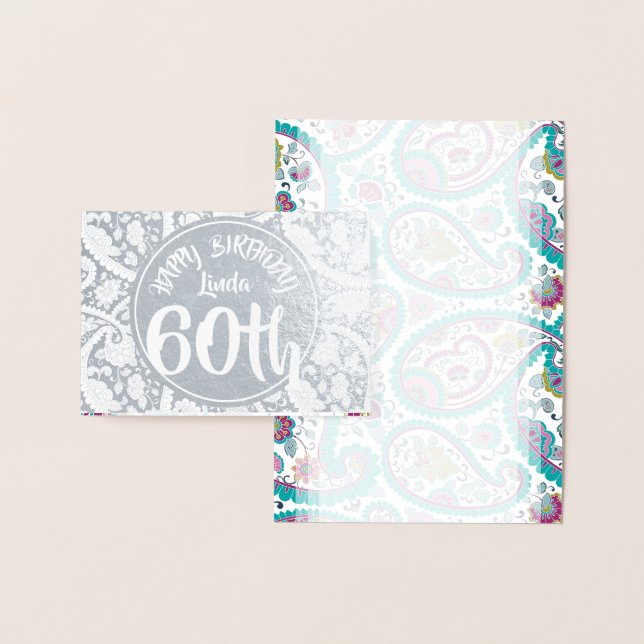 Silver Damask Paisley 60:e födelsedagen personlig  Folierat Kort (Display)