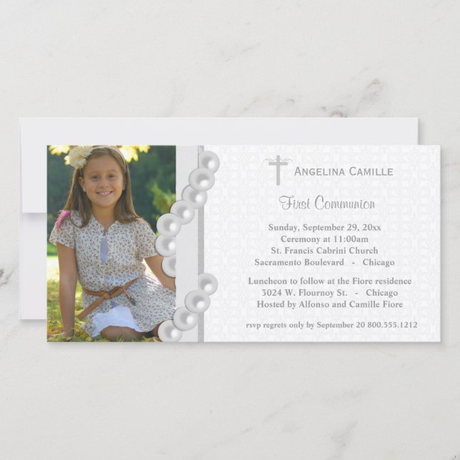 Silver Damask Pearls First Communion Photo Inbjuda (Framsida)
