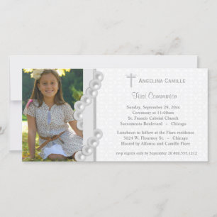 Silver Damask Pearls First Communion Photo Inbjuda