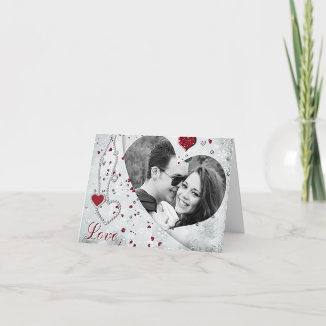 Silver Damask Photo Heart Notecard Helgkort (Framsida)