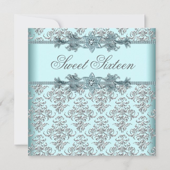 Silver Damask Teal Blå Sweet 16 Födelsedagsfest Inbjudningar (Framsida)