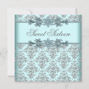 Silver Damask Teal Blå Sweet 16 Födelsedagsfest Inbjudningar