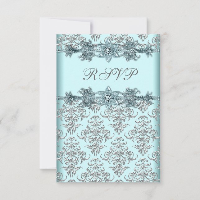 Silver Damask Turkos Sweet 16 Födelsedags RSVP OSA Kort (Framsida)