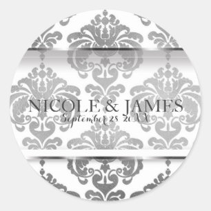 Silver Damask Vintage Glam Bröllopsgåva Runt Klistermärke