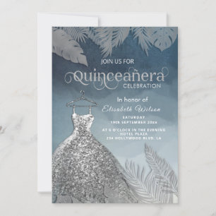 Silver dammig blå tropisk klänning Quinceañera  Inbjudningar