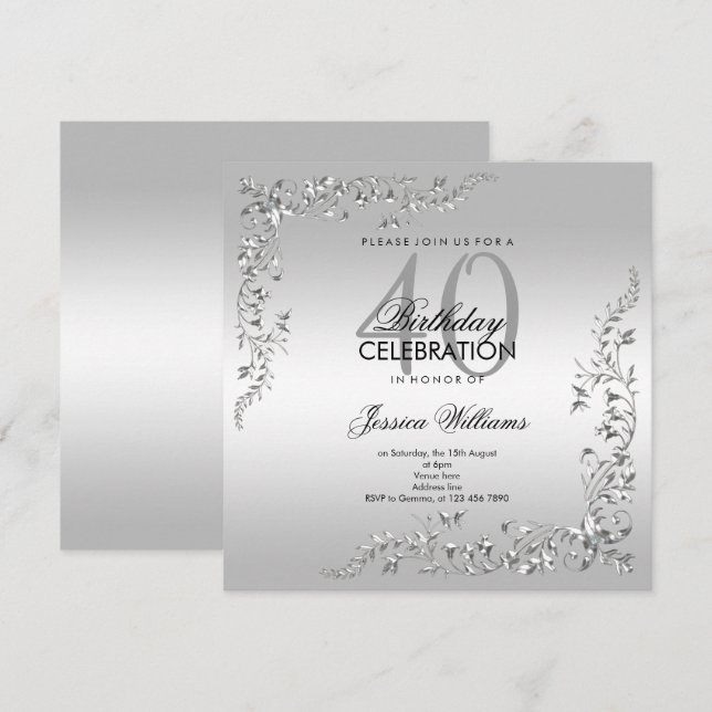 Silver Dekoration 40:e födelsedagen Party Inbjudningar (Fram/baksida)