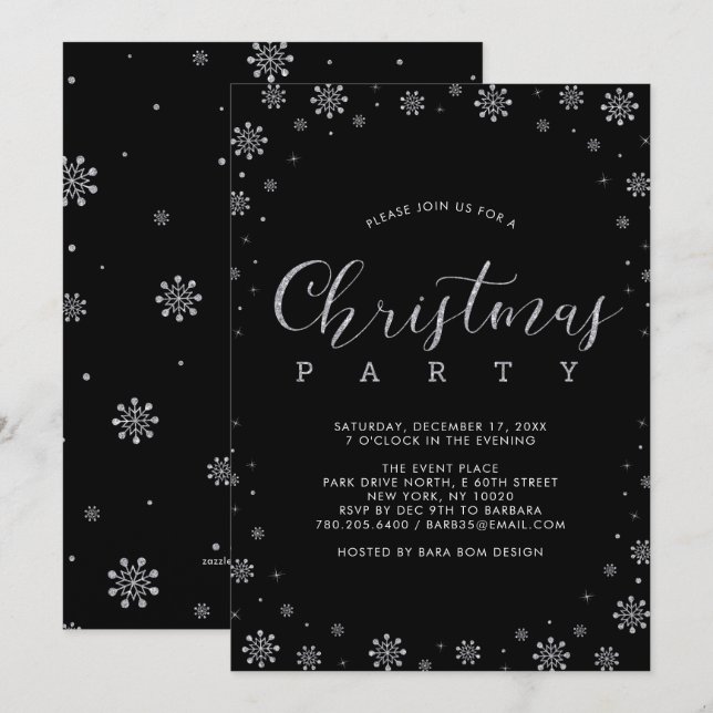 Silver | Den moderna Snöflingor-juldagen Party Inbjudningar (Fram/baksida)