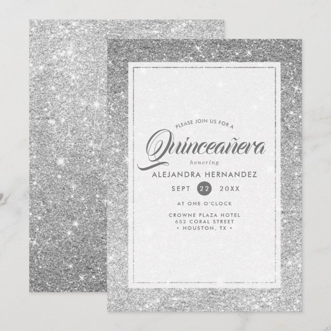 Silver Diamant Glitter Glans Elegant Quinceañera Inbjudningar (Fram/baksida)