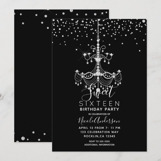 Silver Diamant Glitter Taklampa Söt 16 Fests Inbjudningar (Fram/baksida)
