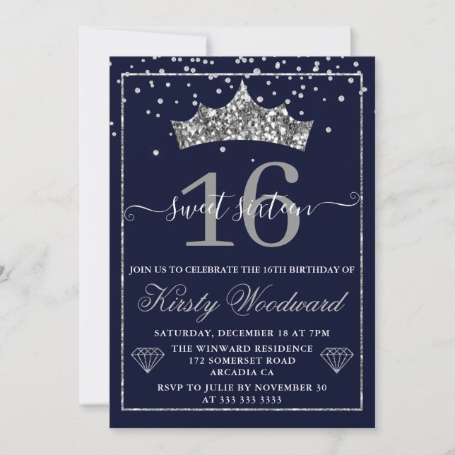 Silver Diamant Konfetti Tiara Sweet 16 Inbjudningar (Framsida)