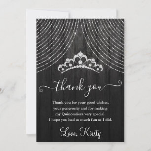 Silver Diamant Tiara på Svart Trä Quinceanera Tack Kort