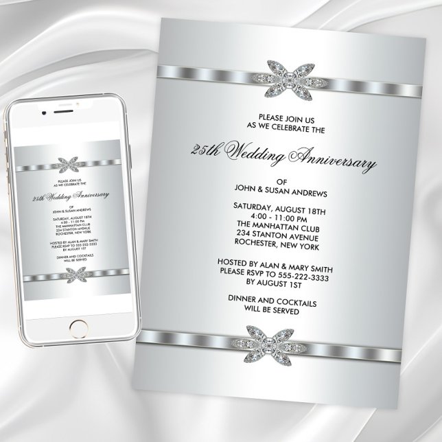 Silver diamanter 25-årsdagen Party Inbjudningar (Silver diamond any event invitation. Instant download and printed invitations available.)