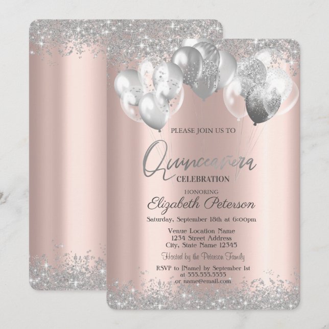 Silver Diamanter Ballonger Roséguld Quinceañera Inbjudningar (Fram/baksida)