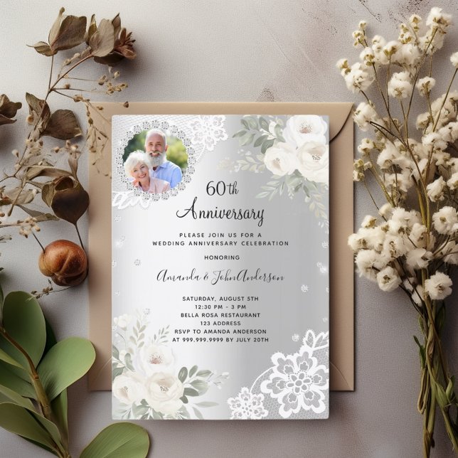 Silver diamanter blommigtar 60:e bröllop-årsdagen inbjudningar (Skapare uppladdad)