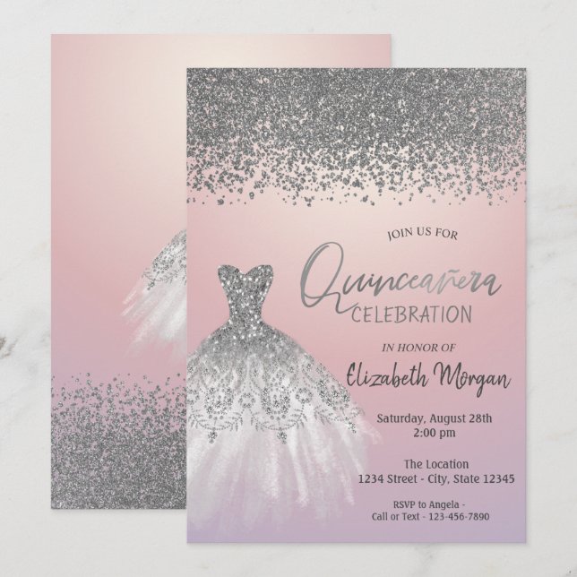 Silver diamanter,Glitter Dress Rosa Quinceañera Inbjudningar (Fram/baksida)