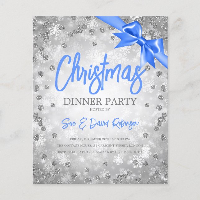 Silver diamanter Glitter jul Blue Inbjudan Flygblad (Framsidan)