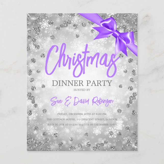 Silver diamanter Glitter Juldag Lila Inbjudan Flygblad (Framsidan)