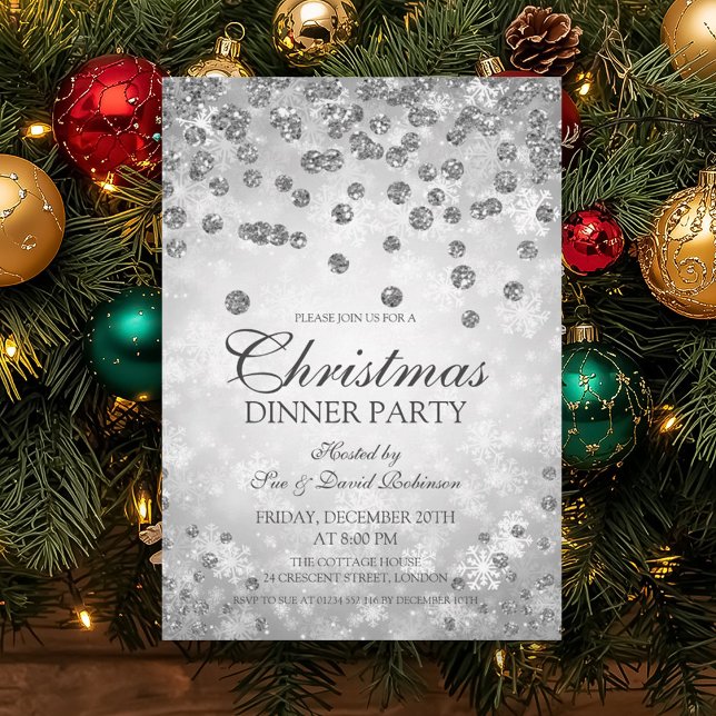 Silver diamanter och Glitter jul Party Inbjudningar (Silver Diamonds & Glitter Christmas Party Invitation)