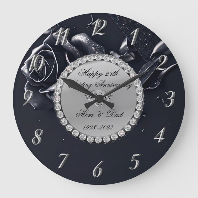 Silver Diamanter Svart Ros 25-årsjubileum Stor Klocka (Framsida)