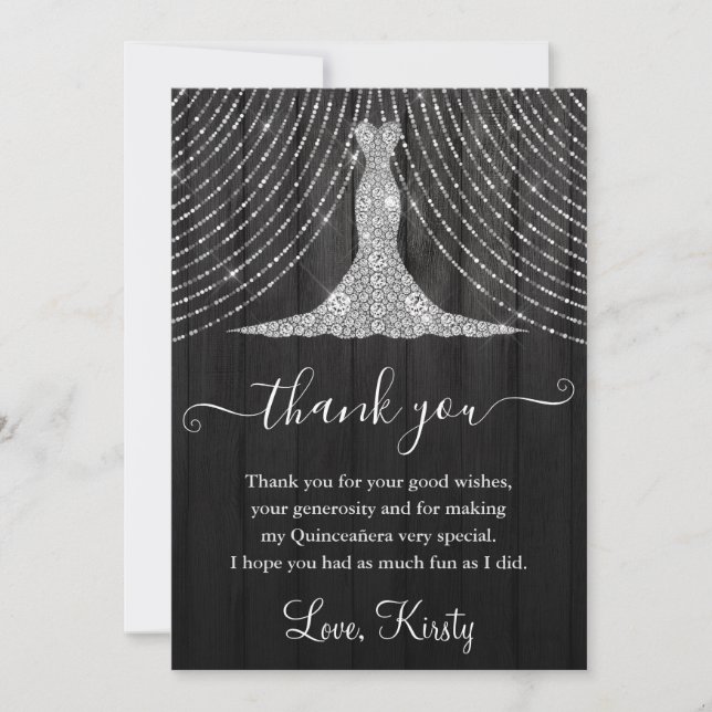 Silver Diamond Dress on Black Wood Quinceanera Tack Kort (Framsida)