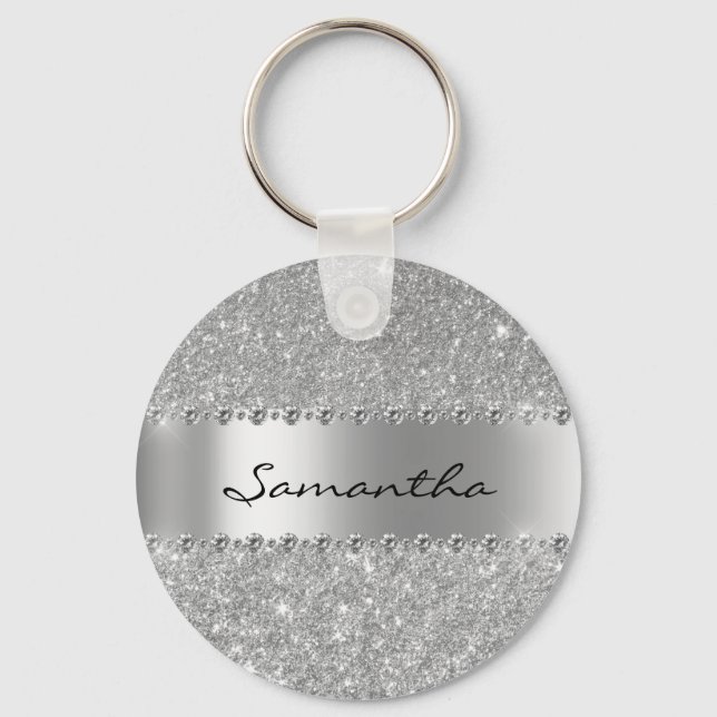 Silver Diamond Glitter Bling Metallic Monogram Nyckelring (Framsida)