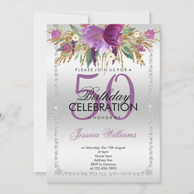 Silver Diamond Glitter Watercolor Flowers Birthday Inbjudningar (Framsida)