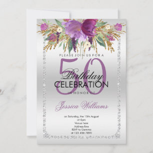 Silver Diamond Glitter Watercolor Flowers Birthday Inbjudningar
