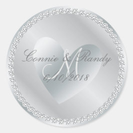Silver Diamond och Heart Monogram Bröllop Sticker Runt Klistermärke