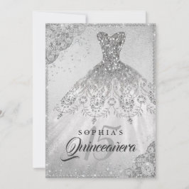 Silver Diamond Snöre Gnistra Gown Quinceanera Inbjudningar