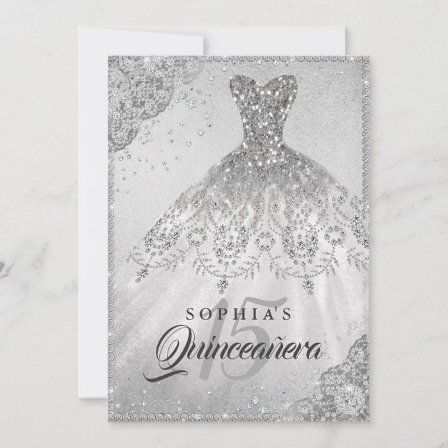 Silver Diamond Snöre Gnistra Gown Quinceanera Inbjudningar (Framsida)