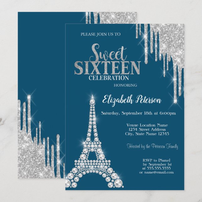 Silver, Diamonds Eiffel Torn Sweet 16 Inbjudningar (Fram/baksida)