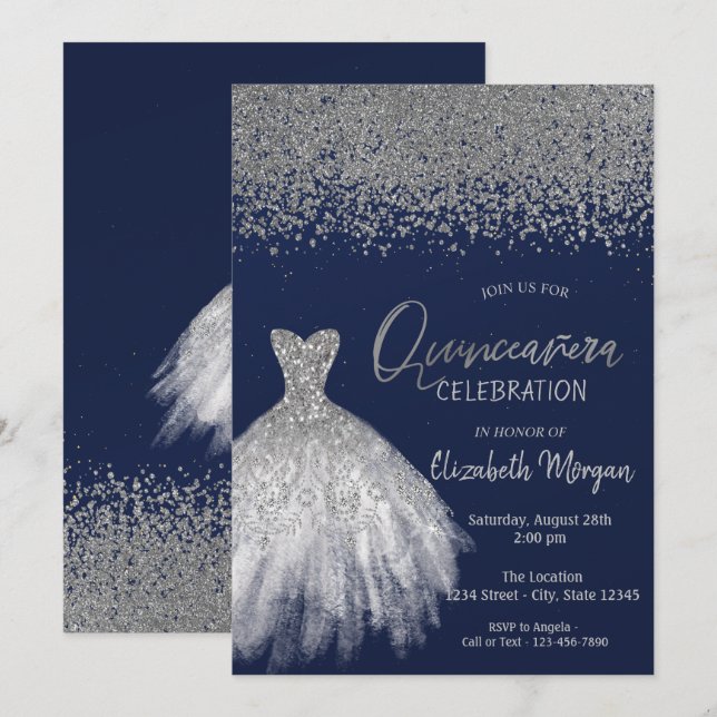 Silver Diamonds, Glitter Klänning Blå Quinceañera Inbjudningar (Fram/baksida)