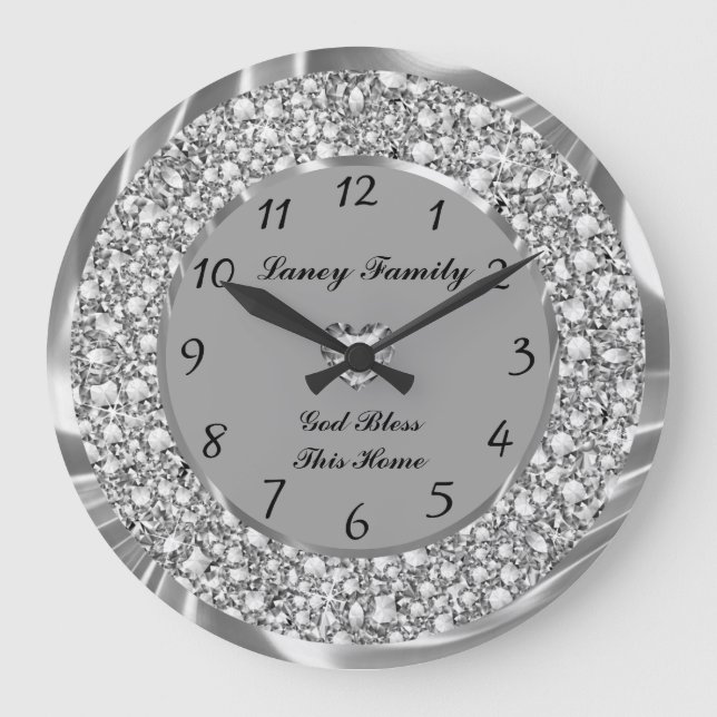Silver Diamonds Heart 2 Large Clock Stor Klocka (Framsida)